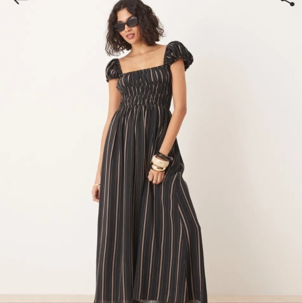 ASOS Black and Tan Striped Puff Sleeve Maxi Dress